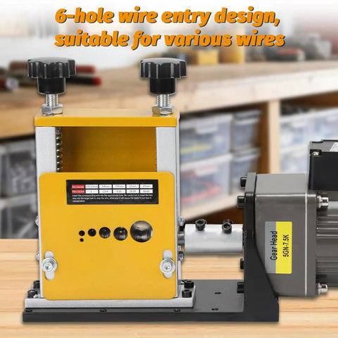 Pro Level Automatic Copper Wire Stripping Machine Boasting A Beefy 60W Motor And Six Alloy Dies for various wire sizes with 6-hole design.