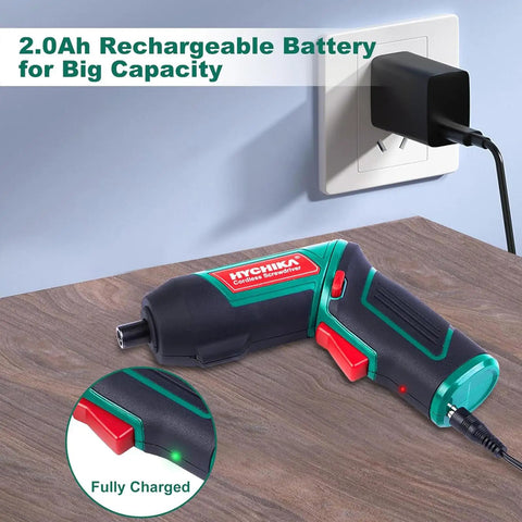 Cordless Electric Screwdriver With 6Nm Torque And 2000mAh Battery USB Quick Charge shown charging on a wooden surface