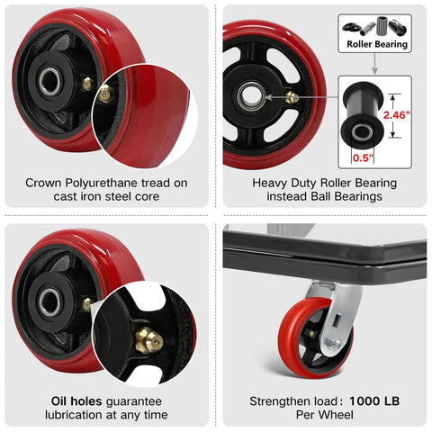 Heavy Duty 5 Inch Caster Wheels Set Of 4 With Crowned Polyurethane Tread On Rust Resistant Cast Iron Body For Industrial Cart Up To 4000 Lb No Joke Strength Built For Smooth Rollin Action close-up of crowned polyurethane tread and heavy duty roller bearing