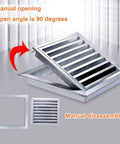 Premium Aluminum Louvered Vent Panel With Heavy Duty Mesh Cover For Ceiling Inspection And Drywall Gable Grilles No Sweat Rapid Setup Kicks Up Fresh Indoor Air Sweet Home Comfort 35X35Cm showing manual opening and disassembly features.