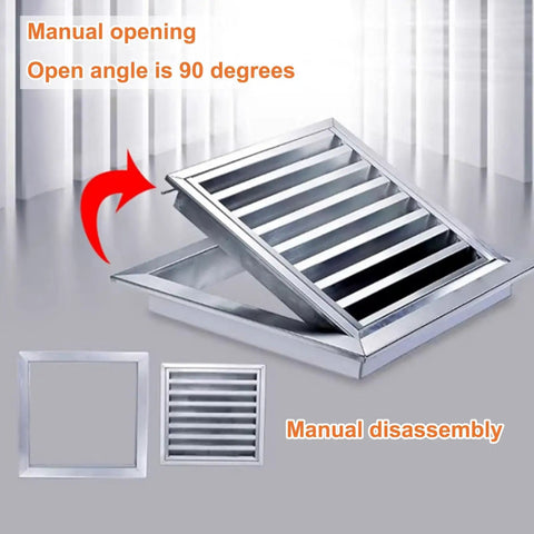 Premium Aluminum Louvered Vent Panel With Heavy Duty Mesh Cover For Ceiling Inspection And Drywall Gable Grilles No Sweat Rapid Setup Kicks Up Fresh Indoor Air Sweet Home Comfort 35X35Cm showing manual opening and disassembly features.