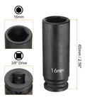 Beefy Deep Impact Socket 3/8 Inch Square Drive, 16mm 6 Point, 65mm Long Flip Socket, CR-MO Steel Industrial Grade For Home Auto Repair