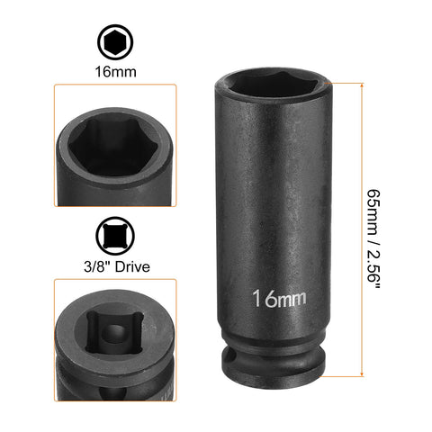 Beefy Deep Impact Socket 3/8 Inch Square Drive, 16mm 6 Point, 65mm Long Flip Socket, CR-MO Steel Industrial Grade For Home Auto Repair