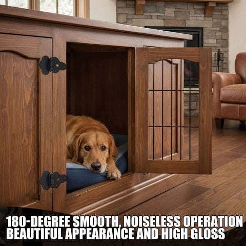 Dog resting in cabinet with Eight Pack 3/8 Inch Offset Cabinet Hinge Set In Antique Black Powder Coat for doors, cabinets and wardrobes.