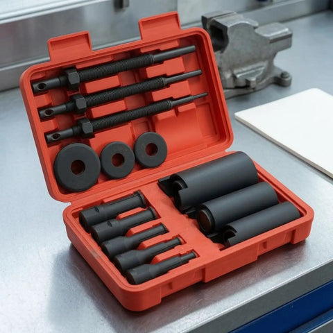 Heavy Duty Bearing Puller Set With Red Molded Case For Clean Internal Housing Extraction Using Pro Grade 45 Steel Repair Tools That Handle Tight Spacing Needs Like A Badass Tool While Getting The Mechanic Work Done Right. 14-piece 45 steel bearing puller kit in red case