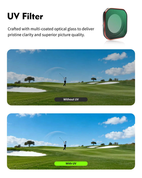 Comparison of golf course with and without Insta360 Ace Pro 2 UV Lens Filter With Ultra Clear HD Glass, vivid view with filter.