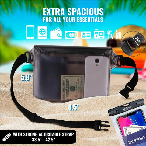 Waterproof Phone Pouch And Waist Bag Set For Iphone 11 Through 16 Pro Max IPX8 Dry Bag with phone and cash visible inside.