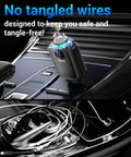 Ride Ready Sick Flex Retractable 5 In 1 Car Charger Adapter 69W Fast Charging For iPhone And Galaxy Phones With Built In Aromatherapy Diffuser and Smooth Starlight Glow Premium Red Finish showing tangle-free design in car.