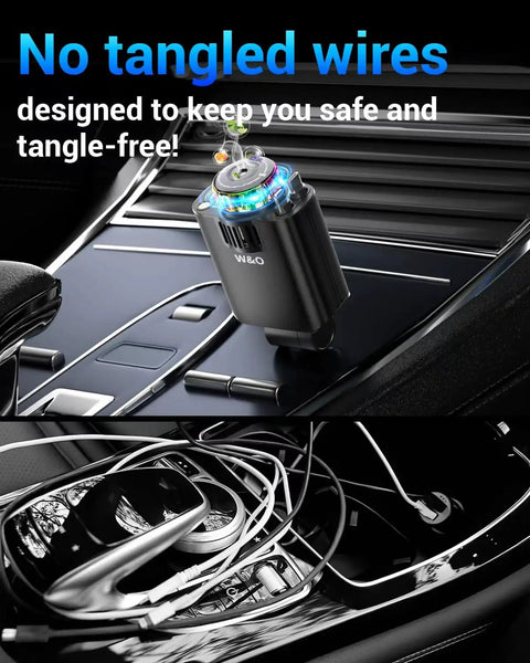 Ride Ready Sick Flex Retractable 5 In 1 Car Charger Adapter 69W Fast Charging For iPhone And Galaxy Phones With Built In Aromatherapy Diffuser and Smooth Starlight Glow Premium Red Finish showing tangle-free design in car.
