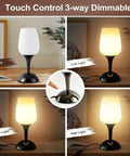 Set of 2 Space Saving Small Touch Bedside Table Lamps, 3 Way Dimmable With White Opal Glass Shades, showing dimming options