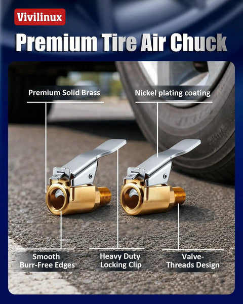 Two Pack Brass Locking Tire Air Chucks With Clip Adapter For Quick Connect To Tire Inflators And Air Compressors Fits 8mm Valve Threads