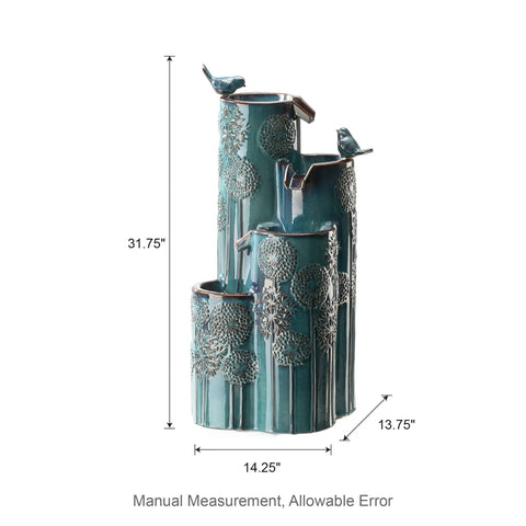 Turquoise Outdoor Water Fountain With LED Lights And Pump Dope 4 Tier Dandelion Texture Vase Shaped Ceramic Floor Standing With Birds