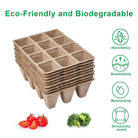 Biodegradable Seed Starter Trays With 60 Cells In 5 Pack for seedlings shown with eco-friendly features and vegetables
