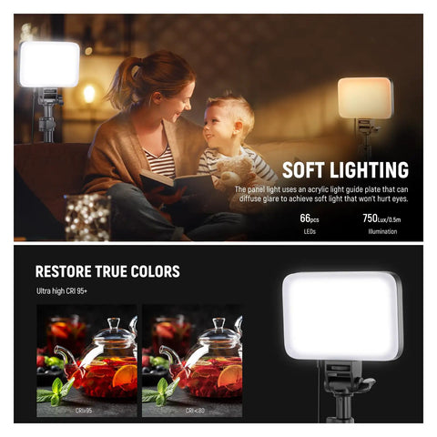 Basics 2 Pack LED Video Light Panel Kit Bi Color Dimmable Portable Studio Lights With Stands And Filters 3200K To 5600K 750 Lux CRI 95