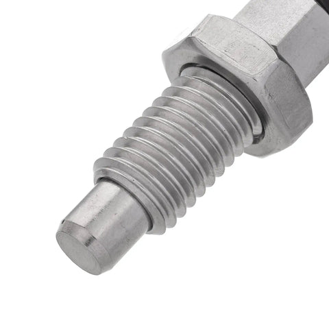 Close-up of Professional Grade Stainless Steel Indexing Spring Plunger M12 X 1 Point 75 Thread 8 Millimeter Retractable Pin.