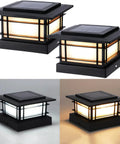 Boss Tier 4X4 Solar Post Cap Lights With Slick Black Shield And Dual Tone LED Panels For Vinyl Or Wooden Fences To Brighten Your Garden Deck Patio Area Daily in various light settings.