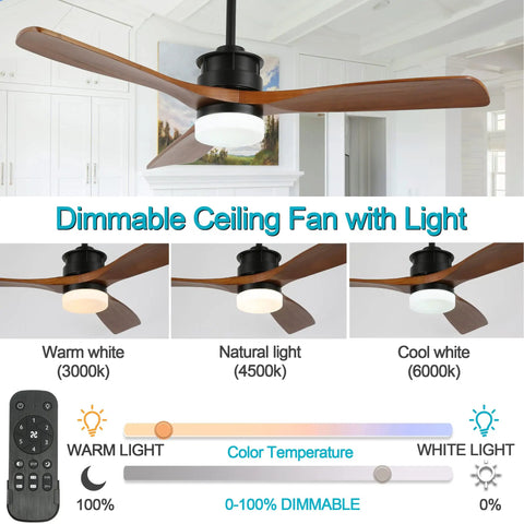 52 Inch Ceiling Fan With Lights Remote Control Cool Deep Walnut Wood Finish Reversible Silent DC Motor Energy Efficient