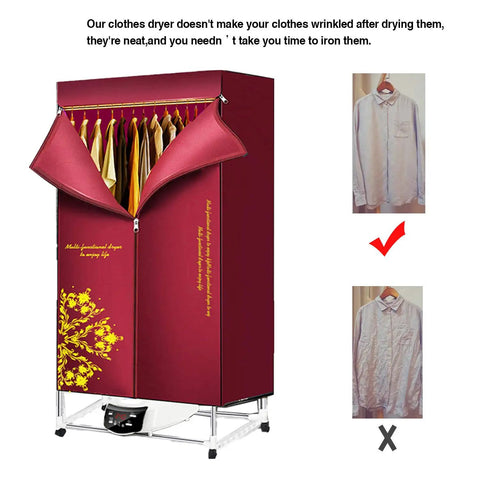 Dope Electric Clothes Dryer Foldable Two Tier Rack With 1500W Heater Remote Control Big Capacity Low Noise For Home Laundry Or Apartment Use 110V Red Easy Setup shown open with hanging clothes.
