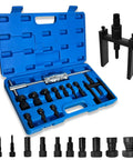 12-Piece Motorcycle Bearing Puller Kit With Slide Hammer in open blue case, showcasing collets, drive pins, jaw puller, and accessories.