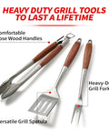 Heavy Duty Rosewood BBQ Tools Set With Extra Thick Stainless Steel Spatula Fork And Tongs For Grilling Mastery