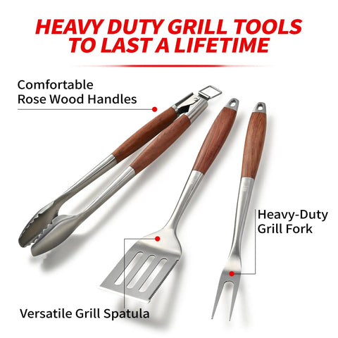 Heavy Duty Rosewood BBQ Tools Set With Extra Thick Stainless Steel Spatula Fork And Tongs For Grilling Mastery