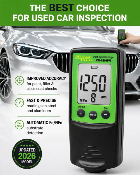 Hardcore Car Paint Thickness Gauge With 1 Micrometer Resolution, 0 To 1250 Micrometers Range, Ferrous And Non Ferrous Detection, Auto Repaint Check, Digital Coating Meter For Used Cars, Dealership Inspections, And Detail Pros on silver car hood