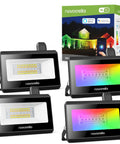 Smart LED Flood Lights Outdoor 200W Equivalent RGB Plus CW Color Changing Spotlight Kit With App Control, 4 lights and packaging