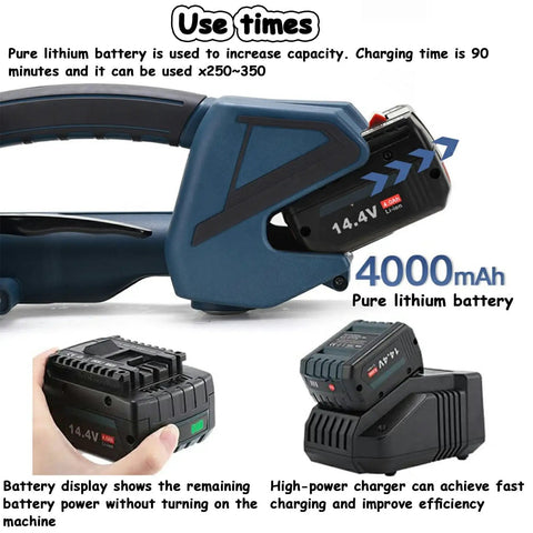 DFEDHF Battery Powered Electric Strapping Machine For Pallet Packaging showing battery and display panel for power management.