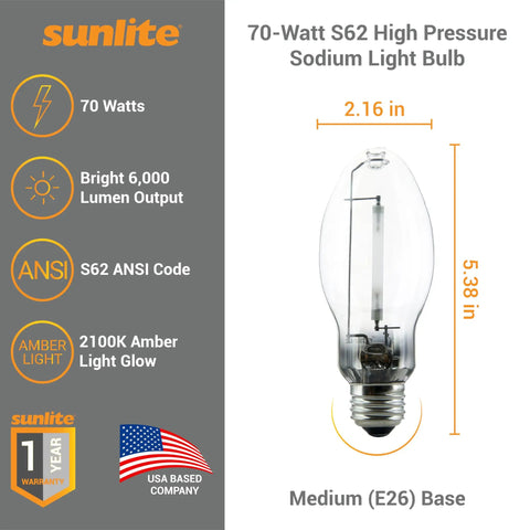 High Pressure Sodium Light Bulb 70 Watt 6000 Lumen Hella Bright ED17 MED Base E26 ANSI S62 2100K