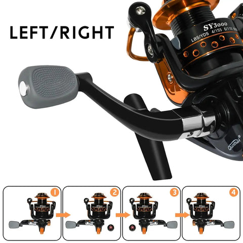 Ultralight Spinning Reel With 12 Plus 1 Ball Bearings And Anti Reverse Size 3000 showing handle assembly and adjustment options.