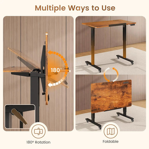 Top Tier Electric Standing Desk With Smooth Height Adjustments And Full 180 Degree Tilting Surface For Sketching Or Computer Sessions Built With Reliable Rolling Casters For Instant Relocation showcases 180-degree rotation and foldable design.