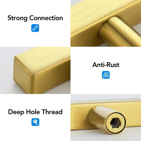 Thirty Hella Sturdy Brushed Brass Cabinet Knobs Featuring Slick Two Inch Square Bar Hardware showing strong connection, anti-rust, and deep hole thread.