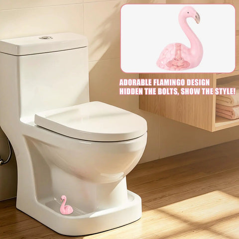Totally Vibes Super Sweet Pink Flamingo Ceramic Toilet Bolt Covers Sets Off That Nice Vibe In Any Bathroom Super Easy Install Waterproof Flange Caps For A Fast Home Glow Up Two Pack, featuring a decorative pink flamingo on a toilet.