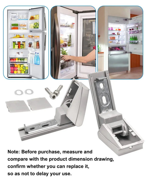 Heavy Duty Stainless Steel Refrigerator Door Hinge Replacement Kit 2 Pack Easy Install Durable Fridge Hinge Set For A Wide Range Of Freezers And Refrigerators Replacement For 9590 Series Models with images of open fridge compartments and hinges.
