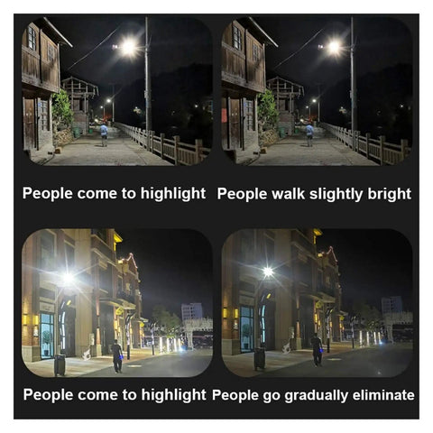 Rock Solid Dual Led Solar Flood Lights With Remote And Dusk To Dawn Switch illuminating a nighttime street with people walking.