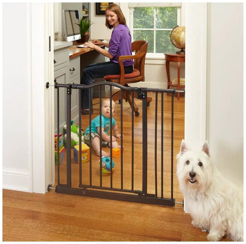 Portico Arch Baby Gate for Doorways and Hallways, heavy duty metal with pressure mount, installed in a home interior with child and pet.