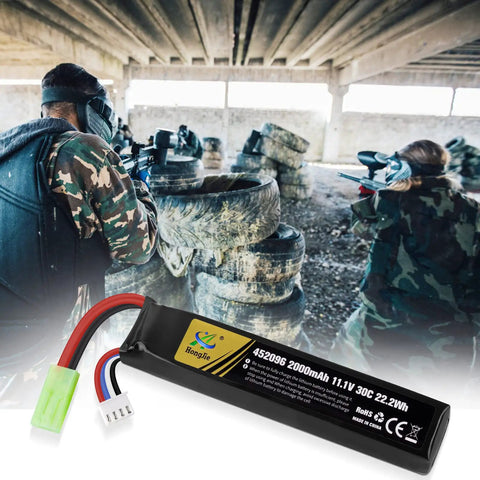 11.1V 2000mAh 30C LiPo Battery for Airsoft RC Car Drone Model Rifle, Mini Tamiya and JST XH Connectors with players in background