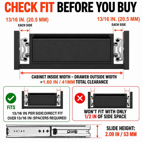 30 Inch Heavy Duty Side Mount Drawer Slides With 250 Lb Load Rating And Full Extension Pullout Rails For Pantries Garages And Rvs installation fit guide illustration with measurements and clearance details.