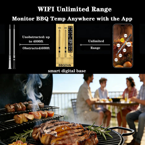 WiFi Sub 1G Wireless Meat Thermometer With 7 NIST Sensors Ambient Temp Dual Probes Digital Smart Base displayed with BBQ scene
