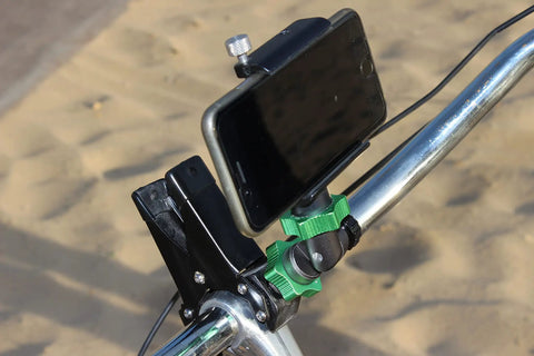 Savior Spring Clamp Mini Fast Mount Torsion Clamp for odd shapes with phone attached on bike handlebar, anodized aluminum black finish
