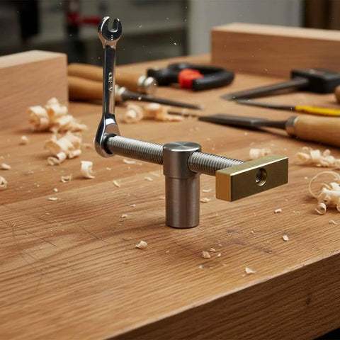 Desktop Vise Clamp For Workbench Boss Bench Dog Ratchet Clamp CNC Machined Precision Tool 19mm Fit Stainless Steel With Brass Bits Built For Makers DIY Hobbyists And Carpenters on a wood bench