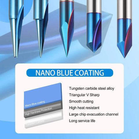 All In One 5 Piece CNC Wood Carving Router Bits Set With One Quarter Inch Shank, Nano blue coated tips and tungsten carbide details