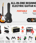 39 Inch Full Size Electric Guitar Kit Sunburst With Amplifier Gig Bag Capo Strap Extra Strings Tuner Cable Picks And HSS Pickups For Beginners And All Skill Levels, shown with bag and accessories.