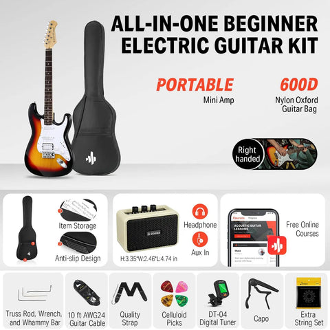 39 Inch Full Size Electric Guitar Kit Sunburst With Amplifier Gig Bag Capo Strap Extra Strings Tuner Cable Picks And HSS Pickups For Beginners And All Skill Levels, shown with bag and accessories.