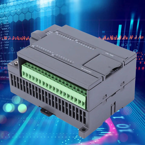Built Tough Industrial Programmable Logic Controller With Strong Anti Interference MCU And Ladder Programming For Reliable Automation Plus Plug In HMI Interface Connectivity For Seamless System Control In Harsh Environments, shown against a digital background.