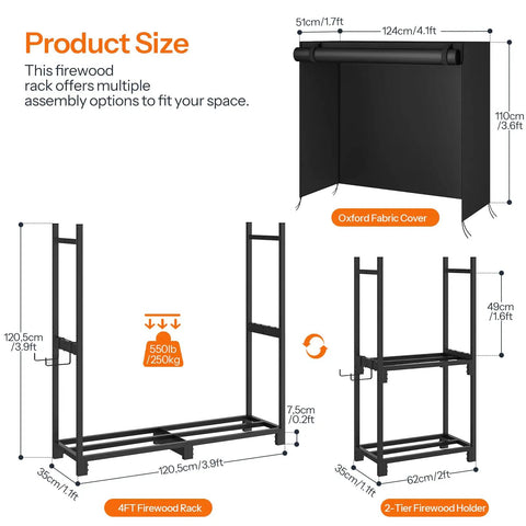 Adjustable Firewood Rack With Cover For Indoor And Outdoor Use, Heavy Duty Log Holder With Weatherproof Oxford Fabric Cover, diagram