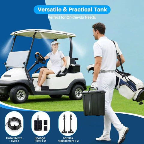 Person carrying Portable Misting System With 9L Water Bucket And Built In 10000mAh Battery PCS Pump For Outdoor Cooling on golf course