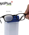 OptiPlus Anti-Fog lens wipes; side view of black eyeglasses being held with before/after comparison (Amazon)