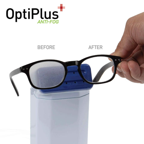 OptiPlus Anti-Fog lens wipes; side view of black eyeglasses being held with before/after comparison (Amazon)