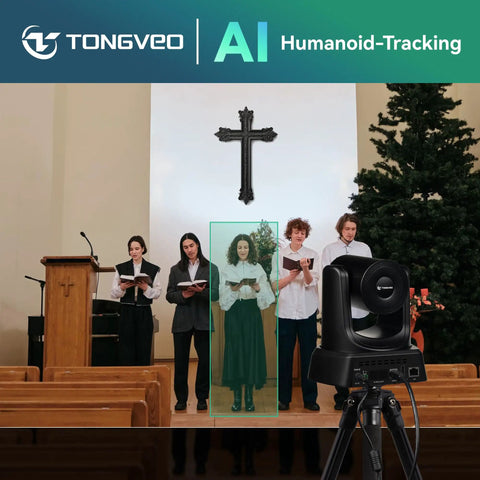 4K AI Auto Tracking PTZ Conference Camera System in church setting for worship, featuring Bluetooth speakerphone and microphone